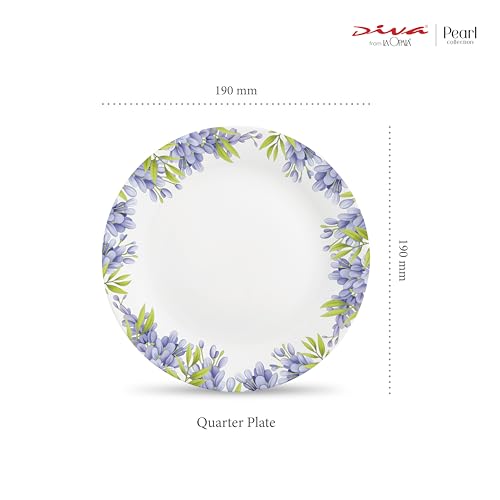 Image of La Opala Diva Pearl Collection Opal Glass Crockery | Quarter Plate Set of 6 | Lively Hues Design | for Snacking & Gifting | Microwave Safe | 100% Vegetarian | Extra Strong | Light & White