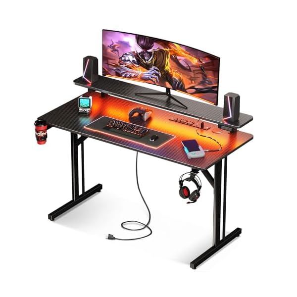 MOTPK Small Gaming Desk with LED Lights & Power Outlets, 39 Inch Computer Desk Gaming Table with Monitor Shelf, Gamer Desk with Carbon Fiber Texture, Kids Boys Desk Gift for Men
