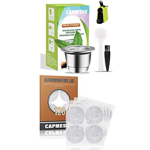 Capmesso Espresso Refillable Capsules Reusable Coffee Pod Stainless Steel Capsules Compatible With Nespresso Originalline Brewers(1 Pod+120 Pcs Foils) #TOP22
