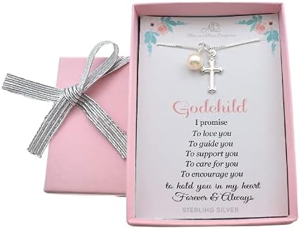 Cross Sterling Silver Necklace Gift for Baptism, Kids Necklace for Girls, Handmade Necklaces on 14-Inch Sterling Silver Chain, Silver Jewelry for Godchild w/Crystal Pearl Gift for Godchild