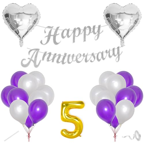 Image of Flyloons 5th Happy Anniversary Decoration Items Purple for Men Women Husband Wife Mom Dad Parent Couple Home Bedroom Car With 20 Pcs Metallic Balloons Anniversary Banner 2 Pcs Heart Set Kit
