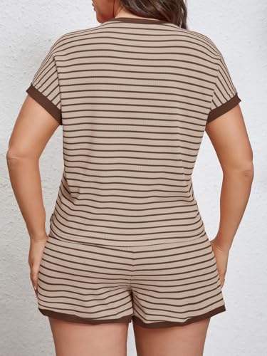 Image of Beautife Womens Plus Size Lounge Set 2 Piece Outfits Stripe Short Sleeve Shirts Tops Shorts Summer Casual Loungewear