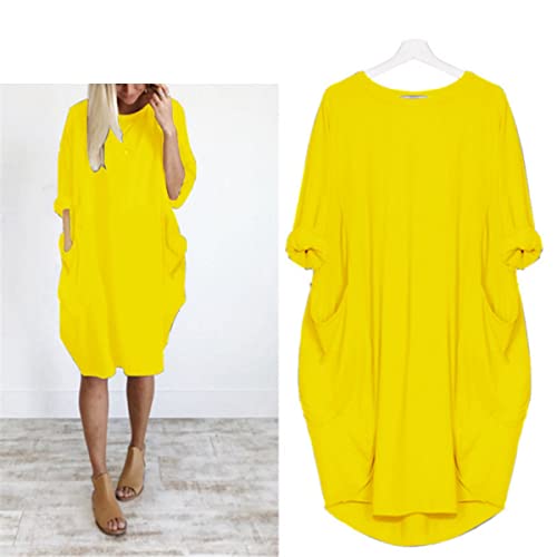 Qiribati Vestido feminino plus size manga longa midi vestido gola redonda casual com bolsos, Branco,