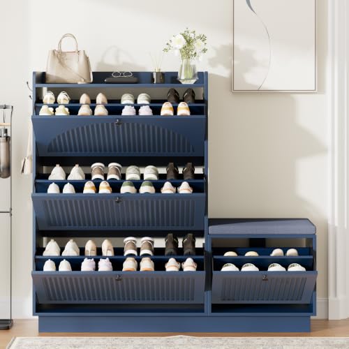 Image of Shoe Storage Cabinet with 4 Flip Drawers, Shoe Organizer Storage with Bench | Shoe Cabinet with Adjustable Shelves, Freestanding Hidden Slim Narrow Shoe Rack Cabinet for Entryway, Hallway