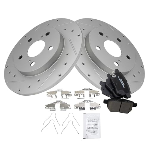 Image of TRQ Performance Rear Brake Pad and Rotor Set Ceramic Coated Drilled Slotted Compatible with 2016 Scion iM 2008-2015 xB 2017-2018 Toyota Corolla iM 2009-2013 Matrix