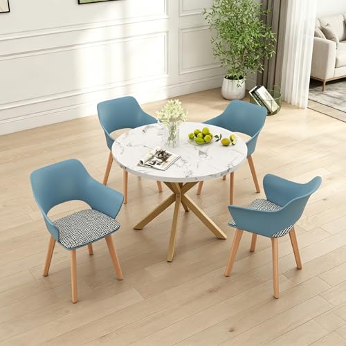 Pestaña redonda de comedor con acabado MarbGD y 4 sillas de madera acolchadas 2