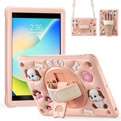 Gerutek Cover per iPad 9/8/7 Generazione 10.2 Pollici (2021/2020/2019), Custodia Antiurto Robusta per Bambini con Supporto Rotante a 360/Cinturino a Mano/Spalla/Portapenne per iPad 10.2, Rosa