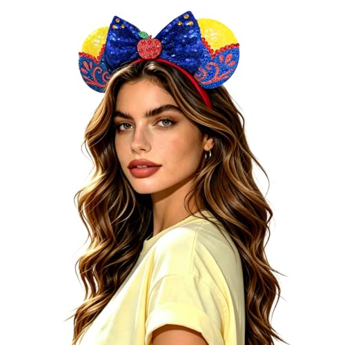 Nahalesy Red Apple Mouse Ears Headband for Women Sequin Deep Blue Bows