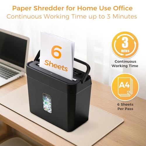Image of VidaTeco 6-Sheet Cross Cut Paper Shredder for Home & Office, 8L Bin | Compact for Home & Office, 3-min Run Time, Shreds Credit Cards, Staples & Clips, Portable Handle, 8L Bin