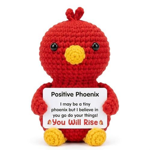 Cute Positive Crochet Phoenix, Handmade Emotional Support Animal Gift for Women Men, Positive Crochet Animals Stuffed Plushie, Fun Knitted Bird Figurine Desk Decor, Motivational Rebirth Gift