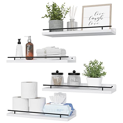 Wopitues Floating Shelves With Black Metal Rail, 4 Set Shelves For Wall Decor, Modern Wood Wall Shelves For Bathroom, Bedroom, Living Room, Kitchen, Plants, Books, Picture Frames- Black And White #TOP24