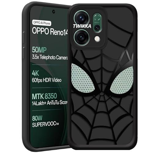Image of Stylish Spider Back Case Cover Compatible for Oppo Reno 14 5G | Spidey Face Mask Case | Soft Silicone | Camera & Full Body Protection | Shock Proof | (Black)