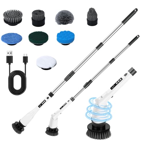 Bizcasa Cepillo Electrico Limpieza Hogar con 8 Cepillo Reemplazables, 5 Velocidades de Rotación y Mango Ajustable, Cepillo de Limpieza eléctrico para Baño/Cocina/Coche (Blanco)