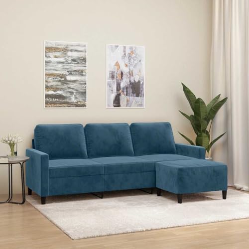 sephironlbb Sofá de 3 plazas con taburete de terciopelo azul de 180 cm de ancho, estructura de metal estable, tapizado acolchado, reposapiés para salón, habitación de invitados, salón y función de
