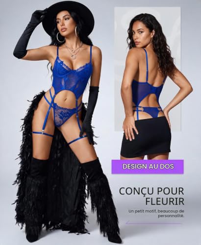 RSLOVE Ensemble Lingerie Sexy Femme - Body Dentelle Nuisette Babydoll avec Porte-Jarretelles Bleu S – vue 2