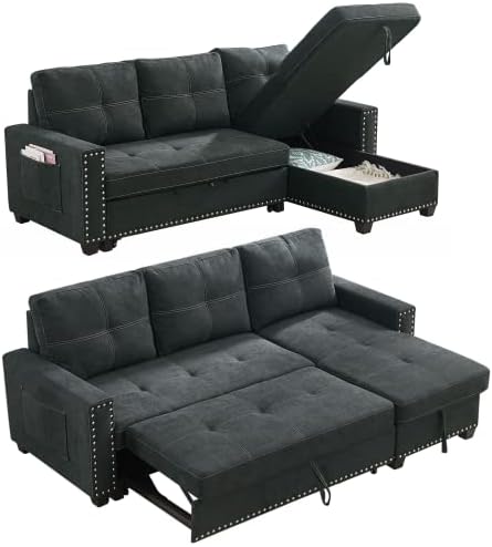 Ucloveria Reversible Sectional Sofa Couch, Sleeper Sofa Bed with Storage Chaise Pull Out Couch Bed for Living Room L-Shape Lounge 2 in 1 Sectional Couch with Pull Out Bed Black