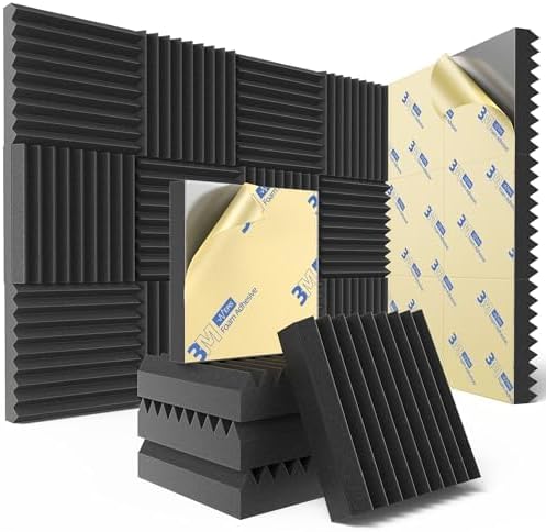 12 pack sound proof foam panels for wall with self adhesive, 3" x 12" x 12" high density acoustic panels sound absorbing quick-recovery, wedges soundproof wall panels for gaming & studio decor - black 3 inch 12 pack black