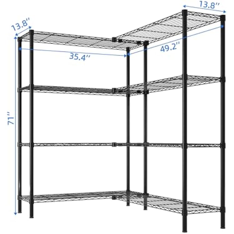Tier Storage Shelves Standing Shelf Units NSF Wire Garage Organizer Heavy Duty Garage Shelving Unit L Shaped Clothes Rack for Corner Laundry Bathroom Kitchen Pantry Closet (Black, 4 Tire)