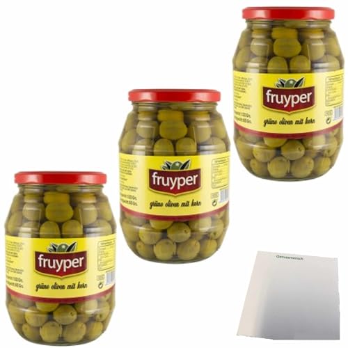 usy Bundle für Fruyper grüne Oliven mit Stein nach Anschovis Aroma pasteurisiert 3er Pack (3x1025g Glas) + usy Block