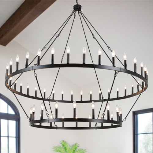 ANKYLHUA 60 Inch Black Extra Large Wagon Wheel Chandelier, 2