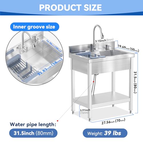 Image of Stainless Steel Utility Sink Single Bowl Freestanding Laundry Sink with Pull-Out Faucet,for Pet Cleaning Laundry Room Farmhouse Indoor and Outdoor Sink 24 inchD x 39.2 inchW x 32 inchH