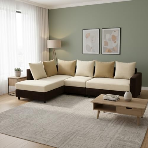 Image of FURNY Glory 6 Seater LHS Fabric Sofa Set (Dark Brown-Cream-Beige) with Velvet Finish | Durable Comfort | Ideal for Living Room | Breathable material