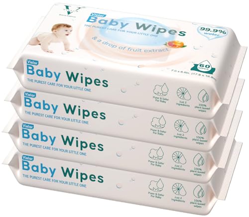 VIELOR Baby Wipes 3+1 Free Pack 240 Total Wipes 99.9% Pure Aqua Water Fragrance Free Safe for Newborn & Sensitive Skin