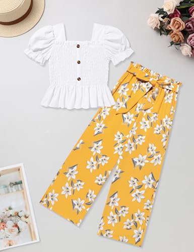 Image of Girls Clothes Solid Color Square Collar Stretch Top and Wide Leg Pants Clothes for Teen Girls 6-14Y