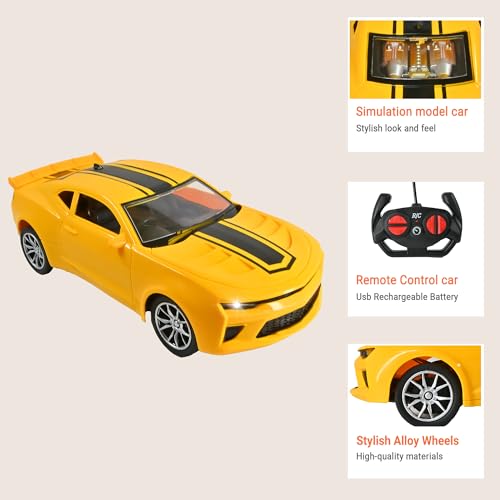 Image of Zila products Toy Remote Control Rechargeable Sports Car for Kid with Led Lights, High Speed yellow color Rc Car, Big Size Toy for 3-10 Years Old Kids, USB Charging battery,m 1:16 Scale racing car.