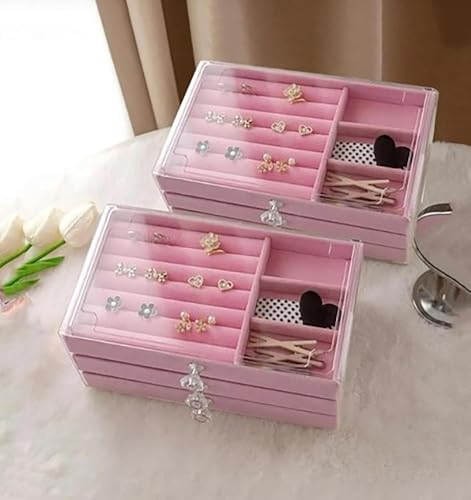Image of Vlando 3 layer jewelry storage box 3 Drawers Transparent Clear Ring Necklace Piercing Earrings Bracelet Watch Jewellery Organiser Jewellery Box Acrylic Container for Ring Necklace Home (Pink)