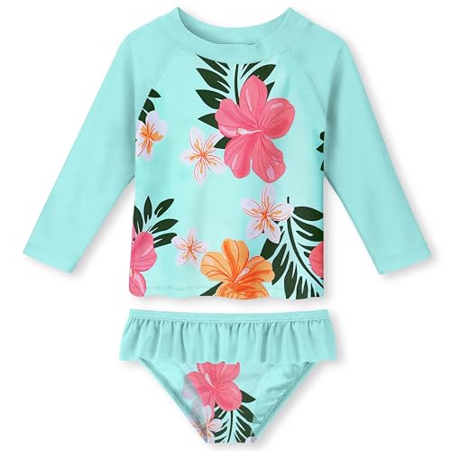 UNIFACO Toddler Girls Bathing Suit Flower Printed Rash Guard Set Surfing Shirt UPF 50+ Sun Protection Long Sleeve Two Piece Swimsuit Tankini