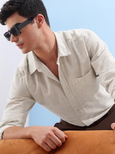 Image of The Souled Store Solid Linen: Beige Color Men and Boys Regular Outdoor Fit Full Sleeve Collared Neck Spread Collar Casual Wear Stylish Comfortable Premium Elegant Cotton Shirts