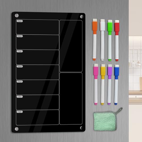 YNGRUE Acrylic Meal Planner Magnetic Menu Board for Kitchen Fridge Magnetic Black Weekly Calendar Planner Board Refrigerator Dry Erase Board to Do Chore Chart Grocery/Shopping List 12x8