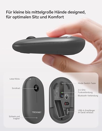 TECKNET Bluetooth Maus, Maus Kabellos (DREI Modi: BT 5.0/3.0 + 2.4G), Optische Leise Funkmaus mit USB-A-Empfänger, Easy-Switch für Laptop PC Computer, Mac OS, Android, Windows, Grau