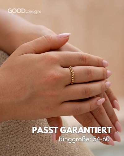 GD GOOD.designs Antistress Ring aus Edelstahl Perlen 3mm | Elastische Anxiety Rings in 18K Gold - Wasserfeste goldene Perlenringe Damen | Ringgröße 54-60