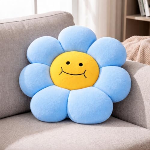 Image of AVSHUB Smiley Flower Cushion 30 cm | Soft Plush Pillow for Sofa Bed Decor | Cute Round Floral Shape Throw Cushion for Kids Room Living Room Gift Item (Blue)