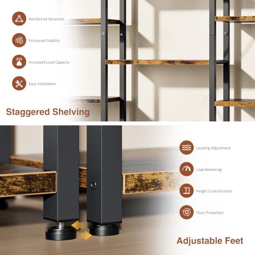 Image of Shintenchi Triple Column 5 Tier Bookshelf, Industrial Large Bookcase Display Shelves, Large Etagere Bookshelf,Wide Book Shelf Book Case for Home & Office, Rustic Brown