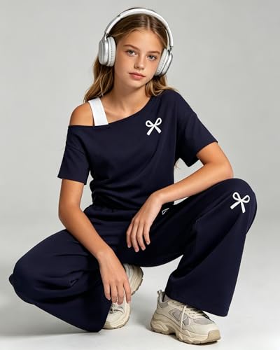 Image of Teen Girls Clothes Off the Shoulder Top and Wide Leg Pants Matching Outfit Set with Pockets Size 7-16