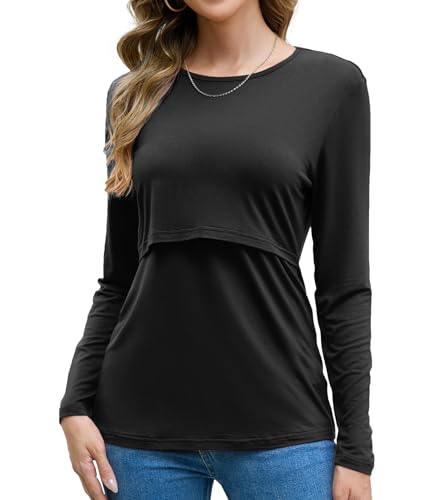 Sosolism Stillshirt Damen Stilltop Dehnbar Stilltshirt Langarm,Schwarz,Größe M