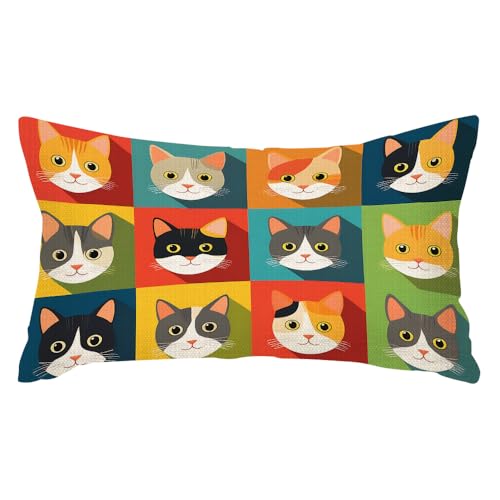 rkouqak Throw Pillow Covers Cute Cats Kawaii Kitten Kitty Colored Pillow Cases Cotton Linen Waist Lumbar Cushion Cover Sofa Home Decorative Rectangle 12x20 Inches, Rqk-YZ044