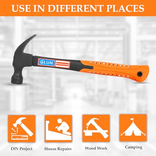 Image of GLUN Claw Hammer, Fiberglass Mallet with Comfort Grip Handle, Camping Long Claw Hammer, Stubby Tack Hammer for Driving