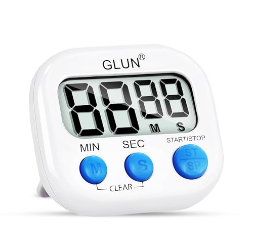 Image of GLUN Digital Kitchen Timer for Cooking, Pack of 1 Big & Clear Digits, Loud Alarm, Magnetic Back, Timer for Baking, Creating Food, White Body & Blue Buttons (Random Color)