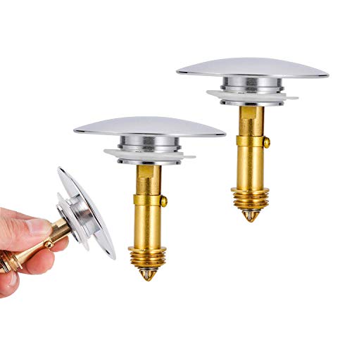 Viilich 2 tapones de drenaje para lavabo de baño de 66 mm, cromado, botón de presión con tapón de drenaje de 28 mm, resorte de latón ranurado, para lavabo de baño, bañera
