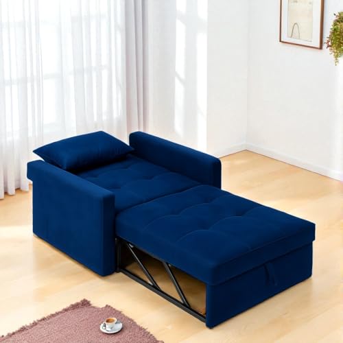 Image of FURNY Tressa 1 Seater Pull-Out Premium Fabric Sofa Cum Bed Sofa Set for Living Room (Blue Fabric)