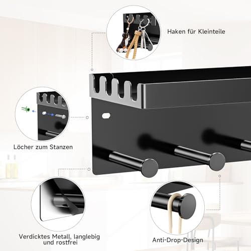 LOXSUN Hundegarderobe mit Ablage, Metall Dogstation Hundegarderobe Hundeleinen Halterung Wand, Schlüsselhalter Schwarz, Schlüsselbrett Ohne Bohren mit 4 Haken für Schlüssel, Hundeleine, Beißleine