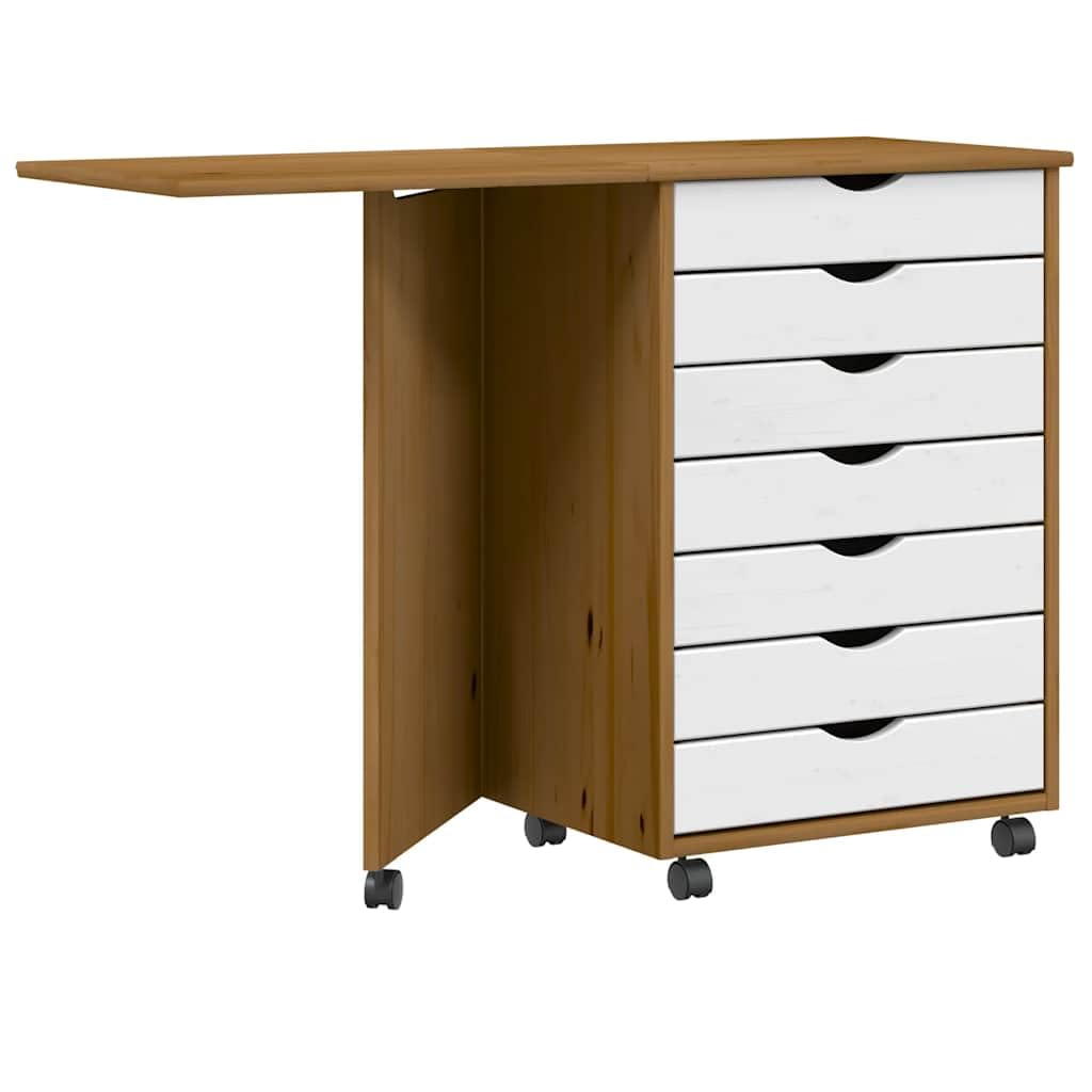 Moss - Armadio a rotelle con scrivania in legno di pino massiccio, segretario con 7 cassetti, tavolo pieghevole per ufficio e soggiorno, colore: marrone miele e bianco, 105,5 x 39 x 74,5 cm