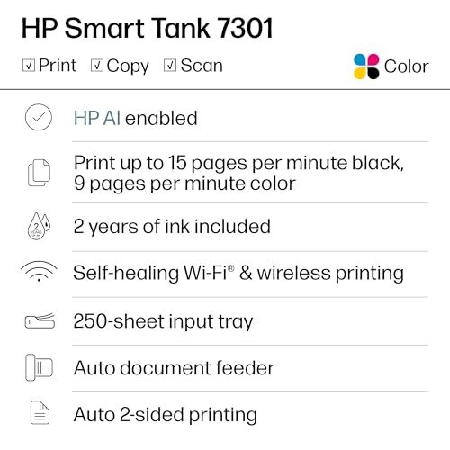 Image of HP Smart -Tank 7301 Wireless All-in-One Cartridge-free Ink Printer, up to 2 years of ink included, mobile print, scan, copy, automatic document feeder (28B70A), Gray