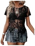 SOLY HUX Women's Sheer Fringe Tops Short Sleeve Floral Lace See Through Vintage T Shirts Vacation Outfit Plain Black Medium