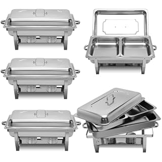 FSUON 4 Pack 9QT Chafing Dish with Half Size Food Pans, Complete Set Nonstick Stainless Steel Chafer Food Warmer