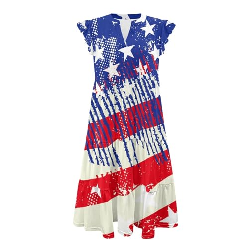 Image of Womens Summer Dress Ruffle Sleeve V Neck Dress Casual Fit Flowy Beach Vacation Sundress with Pocket S-2XL